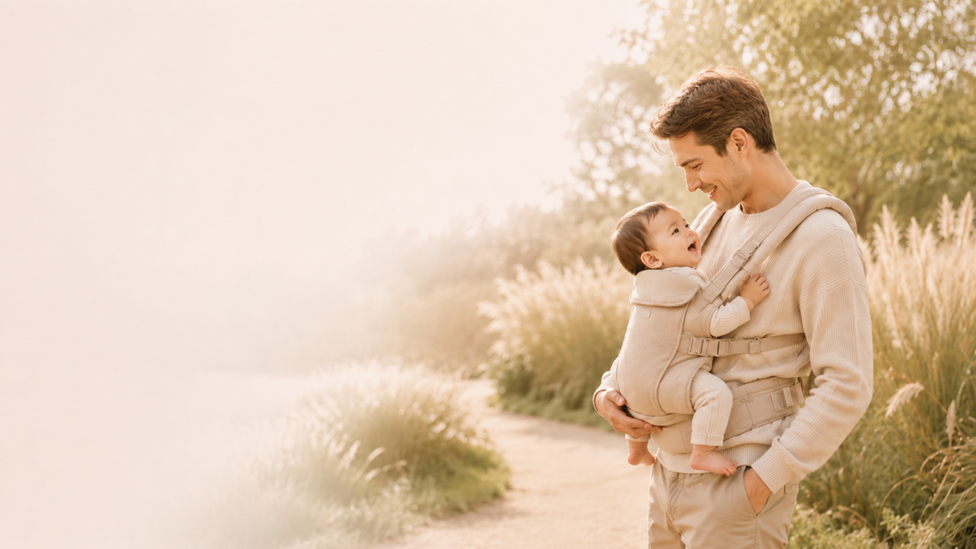 Père portant son bébé dans un porte-bébé beige