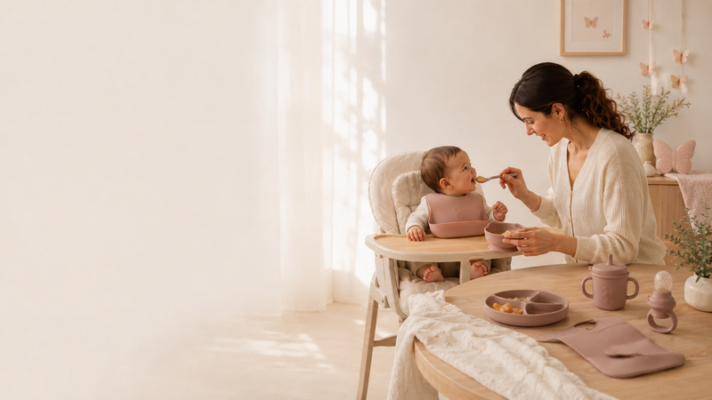 Repas de bébé avec une vaisselle aux tons doux