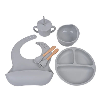 Set repas bébé en silicone, coloris gris