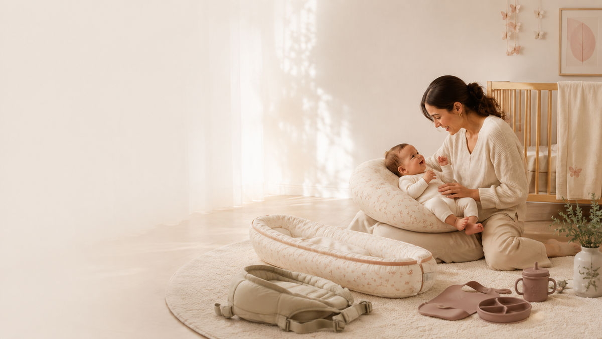 Parent et bébé dans une chambre douce, entourés d'essentiels MOMKIS pour le sommeil et le portage