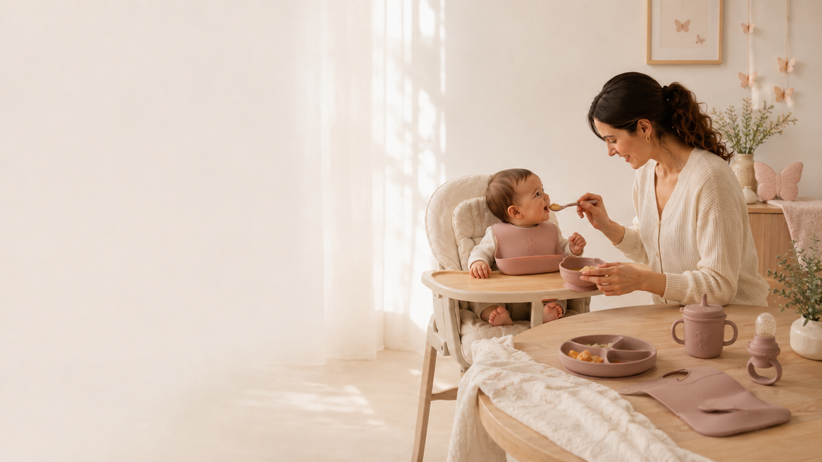 Un parent nourrit bébé installé dans sa chaise haute, avec le set repas MOMKIS